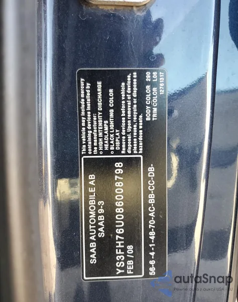 2008 Saab 9-3 Aero from USA, damaged, VIN YS3FH76U086008798